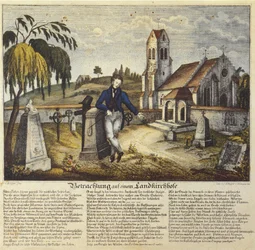 Contemplation in a Country Churchyard, Devotional Image with Prayer Text, Drawing by Joseph Bayer